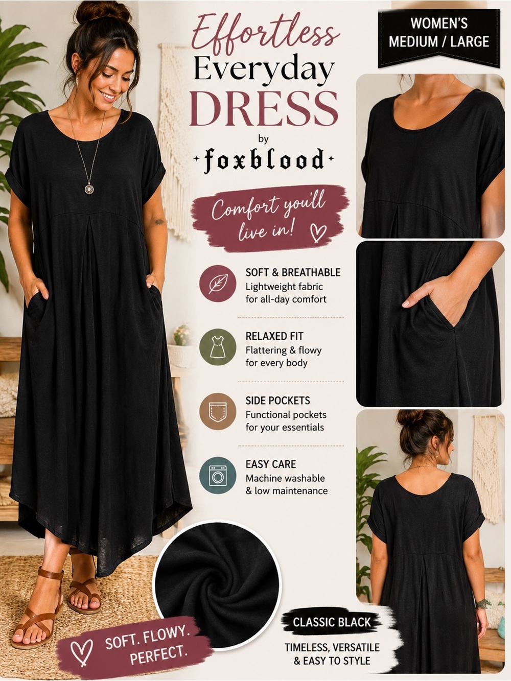 Foxblood Women's Black Maxi Dress with Side Pockets medium - LARGE